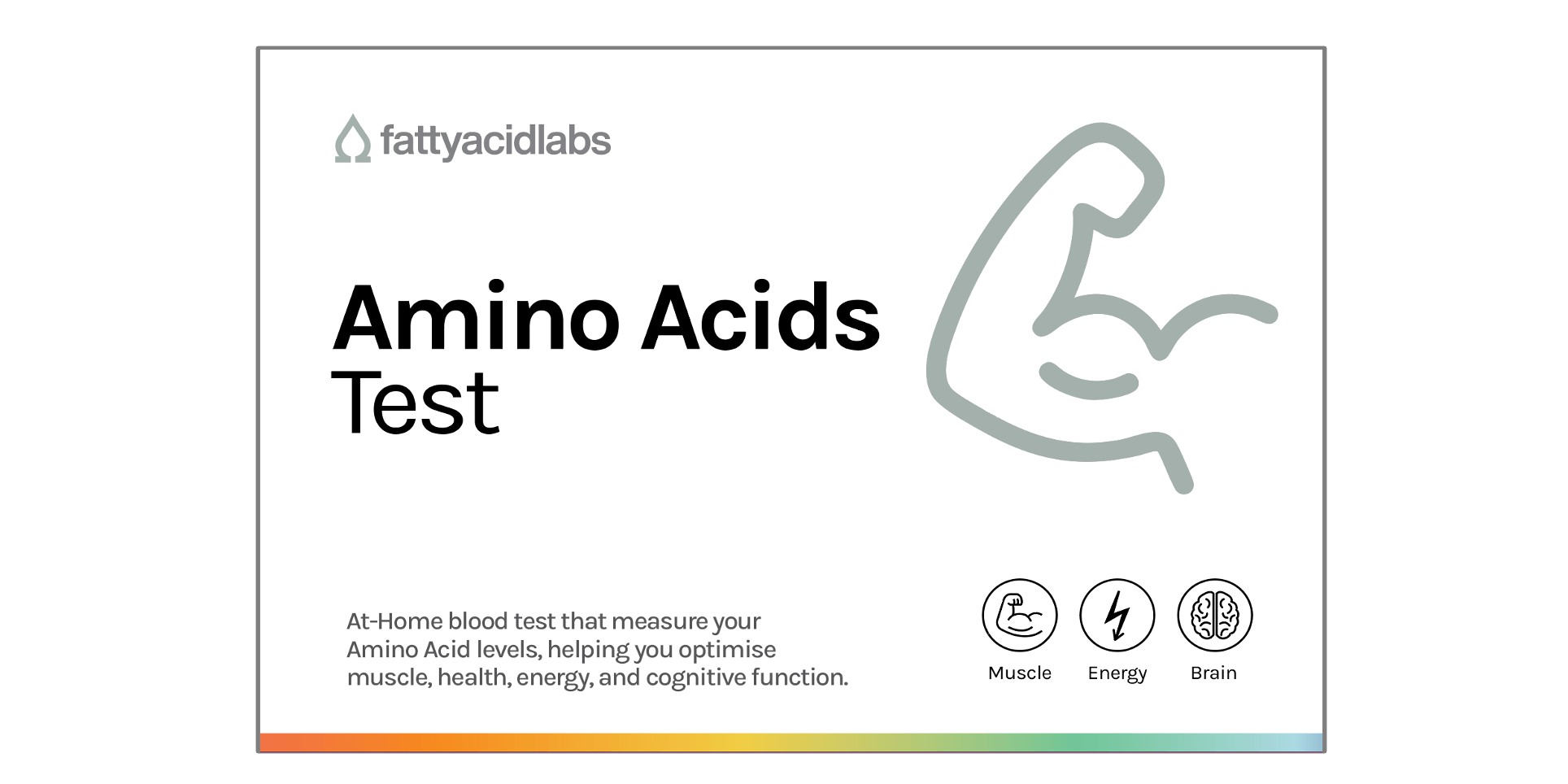 Amino Acid Test kit showcasing its benefits for muscle, energy, and brain function in an at-home blood test format.